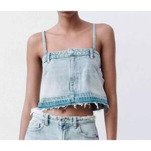 Zara Denim Corset Top Blue Jean Crop Top Strappy Raw Hem XS
